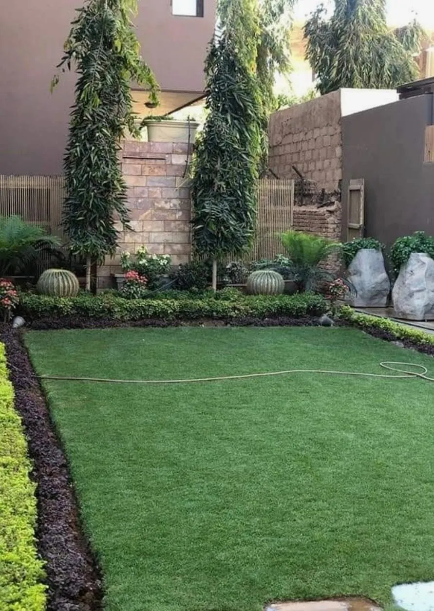 Garden landscaping and manicured lawn